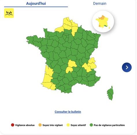 Six départements français en vigilance jaune pour risques d’inondations liés à la pluie intense